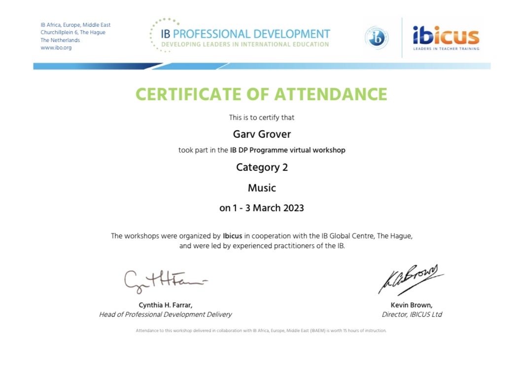 IB DP Music Cat 2 Certificate